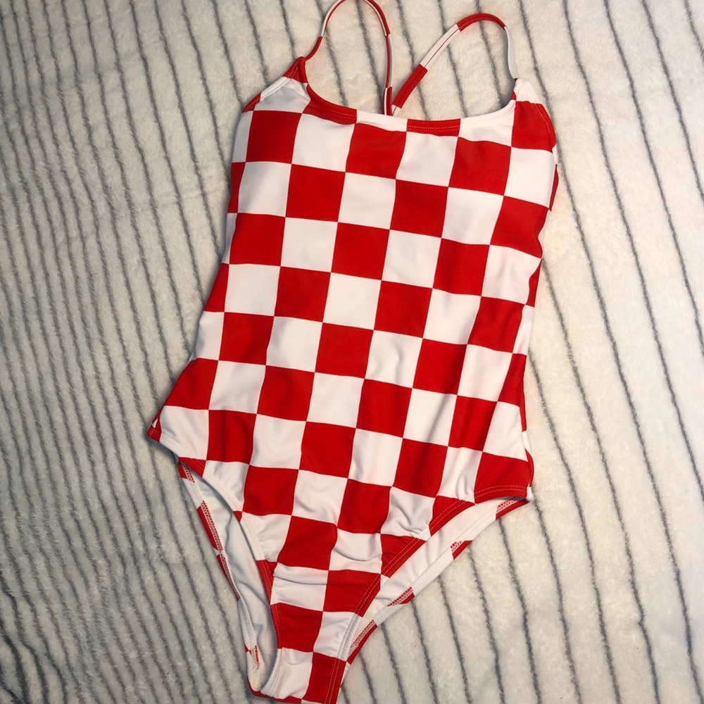 red checkered cross back one piece swimsuit